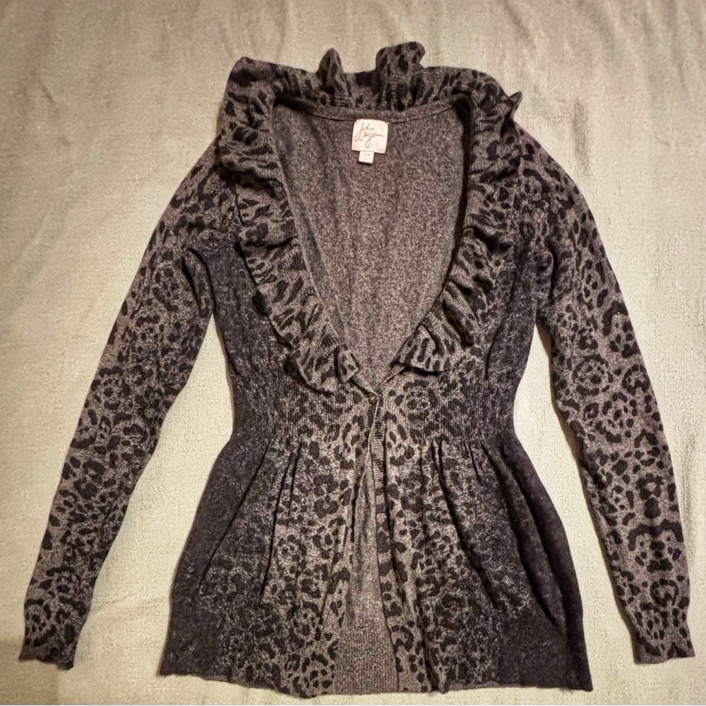John + Jenn Black and Gray Leopard Cardigan with Ruffle